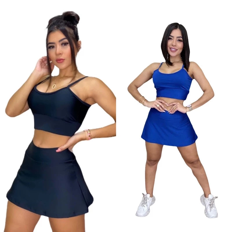 Conjunto Fitness Perfeito: Shorts Saia e Top com Bojo para Brilhar nos Seus Treinos!”