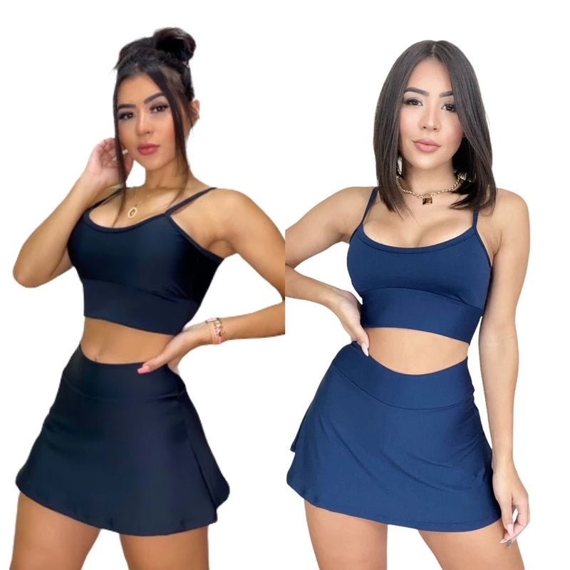 Conjunto Fitness Perfeito: Shorts Saia e Top com Bojo para Brilhar nos Seus Treinos!”