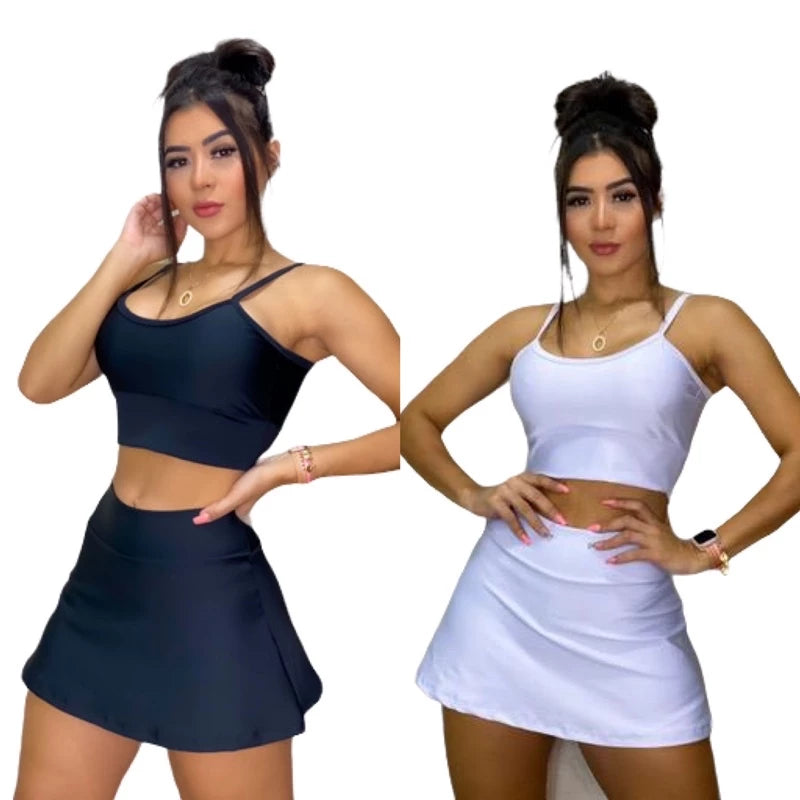 Conjunto Fitness Perfeito: Shorts Saia e Top com Bojo para Brilhar nos Seus Treinos!”