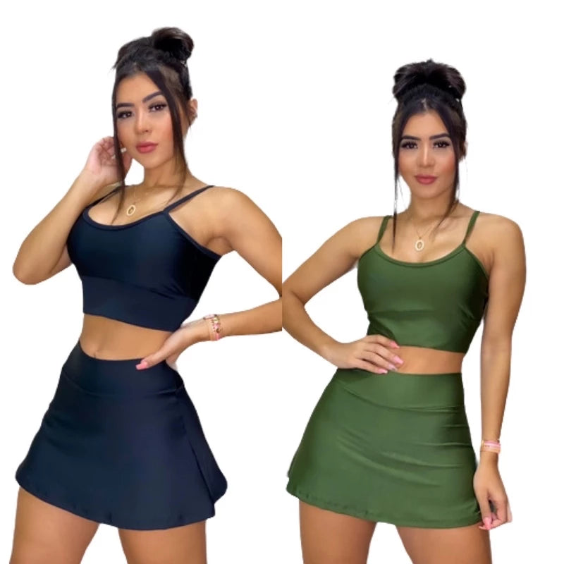 Conjunto Fitness Perfeito: Shorts Saia e Top com Bojo para Brilhar nos Seus Treinos!”