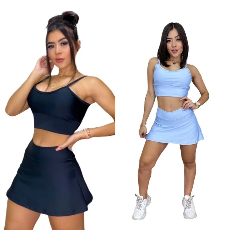 Conjunto Fitness Perfeito: Shorts Saia e Top com Bojo para Brilhar nos Seus Treinos!”