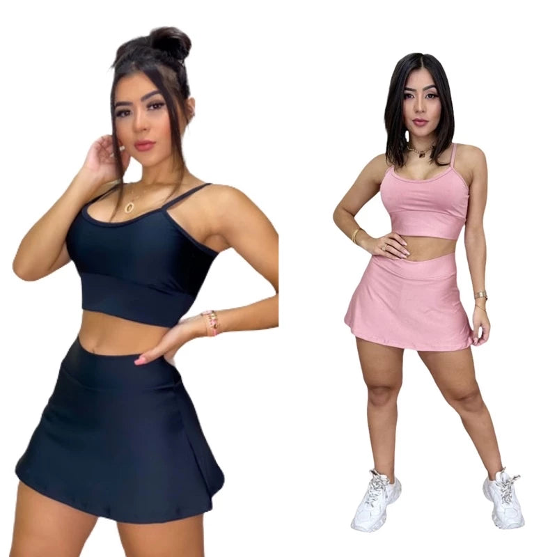 Conjunto Fitness Perfeito: Shorts Saia e Top com Bojo para Brilhar nos Seus Treinos!”