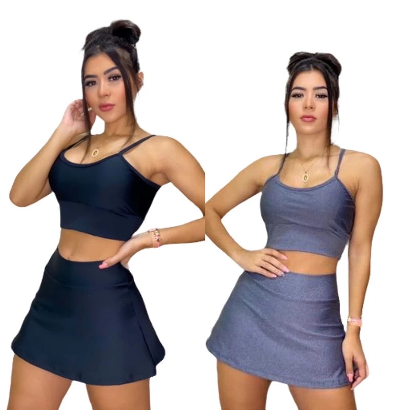 Conjunto Fitness Perfeito: Shorts Saia e Top com Bojo para Brilhar nos Seus Treinos!”