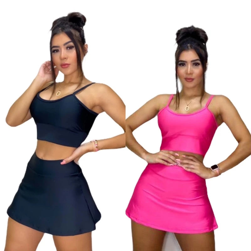 Conjunto Fitness Perfeito: Shorts Saia e Top com Bojo para Brilhar nos Seus Treinos!”