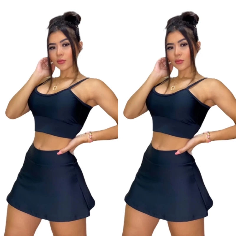 Conjunto Fitness Perfeito: Shorts Saia e Top com Bojo para Brilhar nos Seus Treinos!”